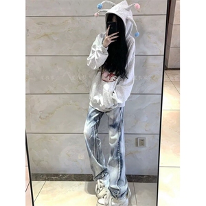 美式扎染牛仔裤设计感高街直筒宽松显瘦阔腿坠感长裤子图片