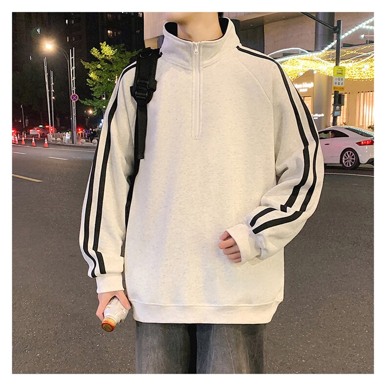 秋季380克全棉宽松条纹拉链套头卫衣立领POLO衫外套AH914-P42,男装Polo衫,四季星座610B