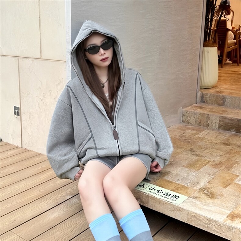 抖音得物高品质秋冬美式高街重磅结构辑明线纹理连帽卫衣外套W111,男装卫衣,电商A486