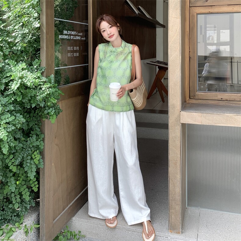 新中式国风套装女2025年夏季新款高级感刺绣衬衫上衣阔腿裤两件套,女装套装/套裙,2D044