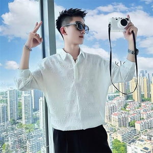 网络图 夏季新款短袖衬衫男高级感翻领七分袖衬衣图片