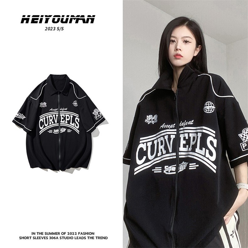 日系复古赛车服上衣休闲潮流棒球服拉链款短袖衬衫HY332TP45控69,男装衬衫,电商A102B