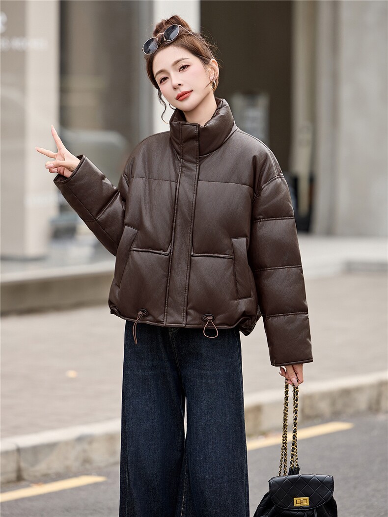 pu皮短款羽绒服女冬季2025新款小个子今年流行款加厚保暖外套立领,女装羽绒服,依万里