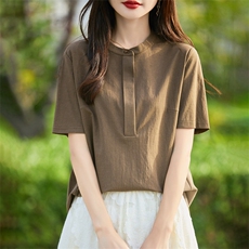 天丝棉麻立领短袖衬衫女夏季新款简约纯色百搭半开领半袖宽松上衣，女装衬衫，臻维羊绒