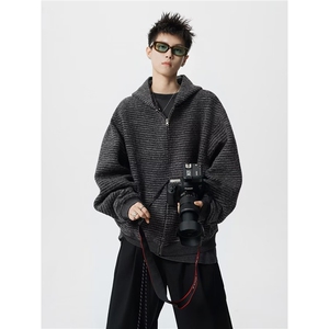 J703-P65 美式复古条纹连帽卫衣外套男秋冬宽松休闲开衫上衣图片