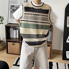 762-P33美式复古撞色条纹背心男款夏季潮牌针织镂空衣服坎肩毛衣，男装T恤，电商B323A