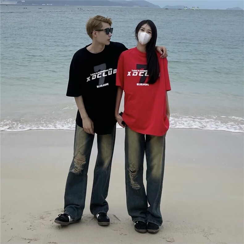 美式vibe复古破洞牛仔裤男女高街嘻哈宽松做旧长裤K60726-P40网图图片