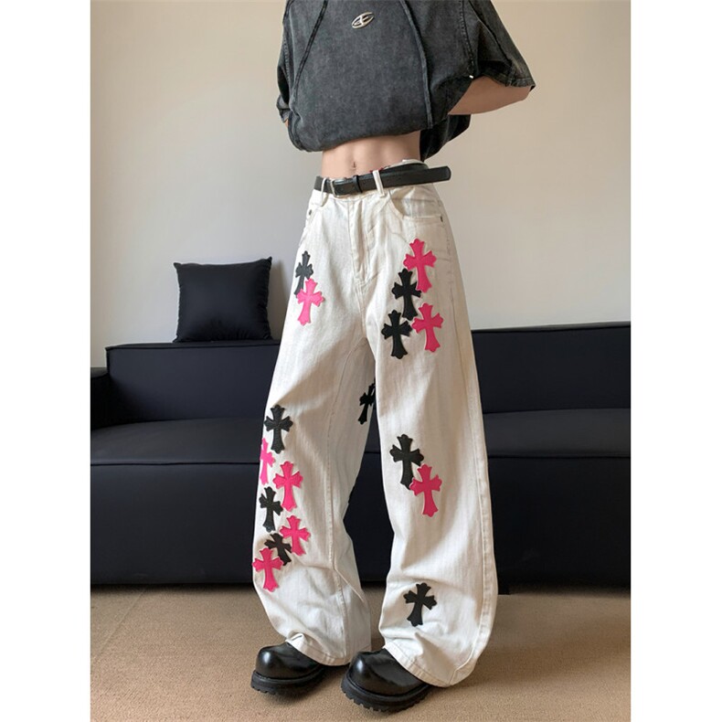 XZ-221-5/K1781/P62美式复古刺绣贴皮十字架白色牛仔裤，男装皮裤，星座221-5