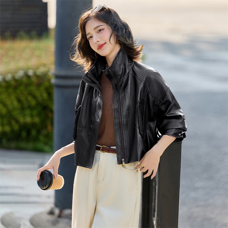 海宁2025新款气质时尚百搭拉链皮衣外套女高级感立领夹克,女装皮衣,美拉德工厂直营店