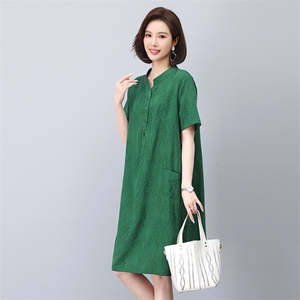 高端大气提花连衣裙女夏季妈妈宽松直筒休闲减龄遮胯显瘦短袖裙子图片