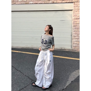 77lin 美式复古褶皱条纹运动工装伞兵裤男女夏季宽松阔腿弯刀裤潮图片