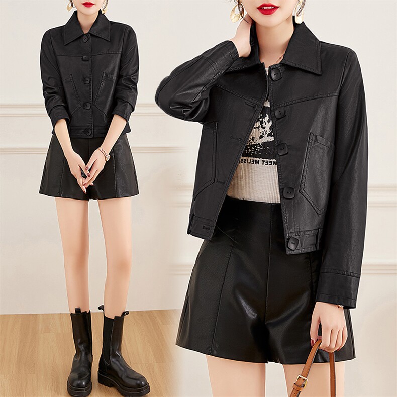皮衣外套女2023年春季新款水洗皮机车服显瘦pu皮夹克韩版短外套潮,女装皮衣,江南女神