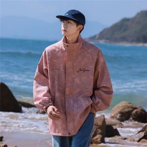 港风美式复古做旧可拆卸胸针设计PU皮衣夹克男JK77754P90控128图片