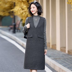 时尚连衣裙套装女秋冬2026新款气质休闲半高领打底衫背心裙两件套，女装套装/套裙，蓝诺裳