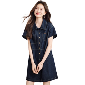 深蓝色休闲牛仔连衣裙女2025夏季新款小个子宽松翻领短袖衬衫裙子图片