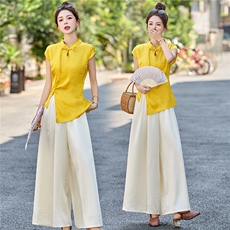 复古气质新中式旗袍上衣+阔腿裤长裤2025年夏季阔腿裤新款两件套，女装套装/套裙，艾仟回(原伊仟回)