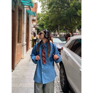 7023-P40 潮流复古港风领带衬衫男女潮牌小众设计感休闲宽松长袖图片