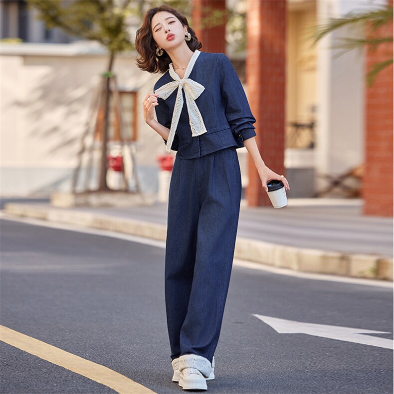 早秋穿搭一整套蝴蝶结牛仔套装女2024新款高腰小香风阔腿裤两件套,女装套装/套裙,橙子家