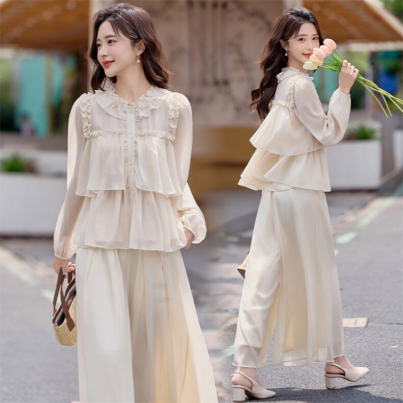 法式温柔风气质套装女2026夏季新款轻薄长袖防晒衬衫阔腿裤两件套，女装套装/套裙，水衣源