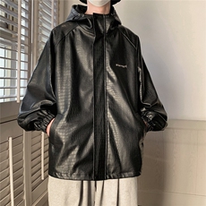 港风连帽鳄鱼纹PU皮衣大码情侣休闲冲锋衣夹克男JK8744P90控128，男装夹克，星座226-1