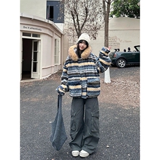 网图有货条纹毛领可拆线连帽棉服外套男女保暖棉衣A1117-P130，男装棉衣，星座1505