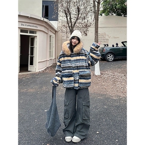 网图有货 条纹毛领可拆线连帽棉服外套男女保暖棉衣 A1117-P130图片