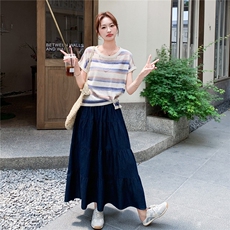 韩系穿搭一整套女夏季新款条纹短袖T恤上衣高腰显瘦半身裙两件套，女装套装/套裙，2C135