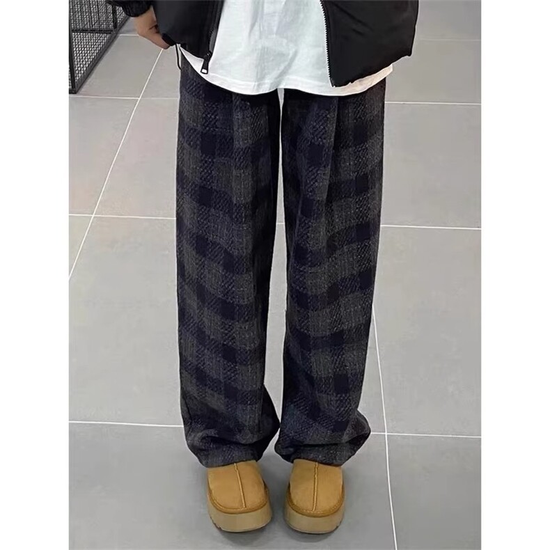 藏青色毛呢格子裤男春季美式休闲长裤vintage宽松阔腿休闲裤图片