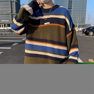 2024秋冬新款宽松美式复古条纹毛衣男圆领套头针织衫慵懒风图片