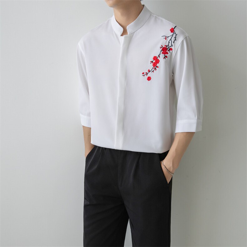 小伙立领纯色衬衫男休闲宽松风刺绣衬衣轻熟风A236-82571-P55,男装衬衫,电商A236
