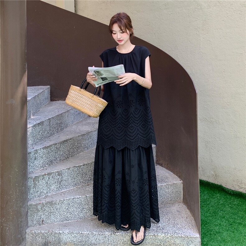 黑色镂空提花上衣半身裙套装女夏季2025新款独特高级感淡人两件套,女装套装/套裙,2C211