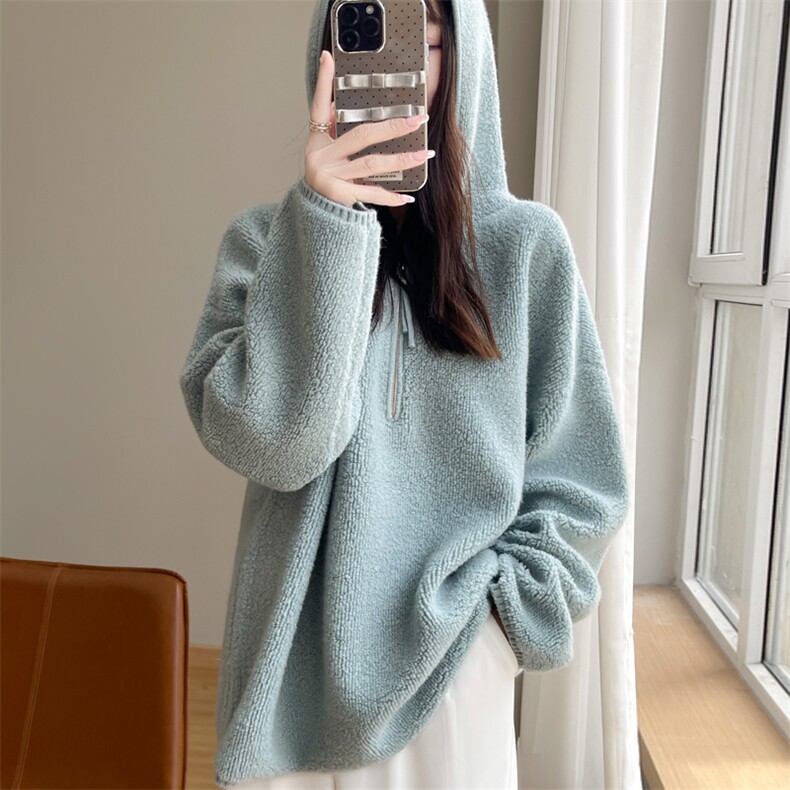 秋冬连帽100%纯羊毛衫女半开拉链加厚针织帽衫宽松慵懒羊绒衫上衣,女装羊毛衫,东远绒业