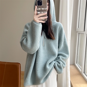 秋冬连帽100%纯羊毛衫女半开拉链加厚针织帽衫宽松慵懒羊绒衫上衣图片