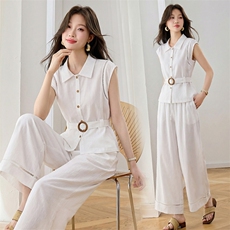 休闲时尚套装女夏季新款气质收腰无袖上衣阔腿裤两件套，女装套装/套裙，诺蝶