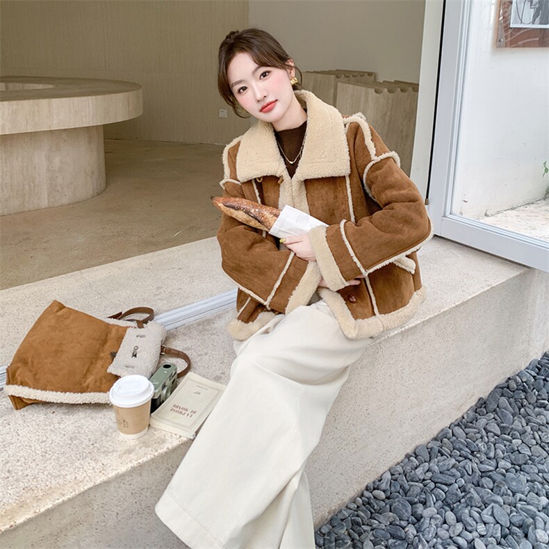 现货咖色皮毛一体羊羔毛外套5803-P185-K268,女装派克服,2C159