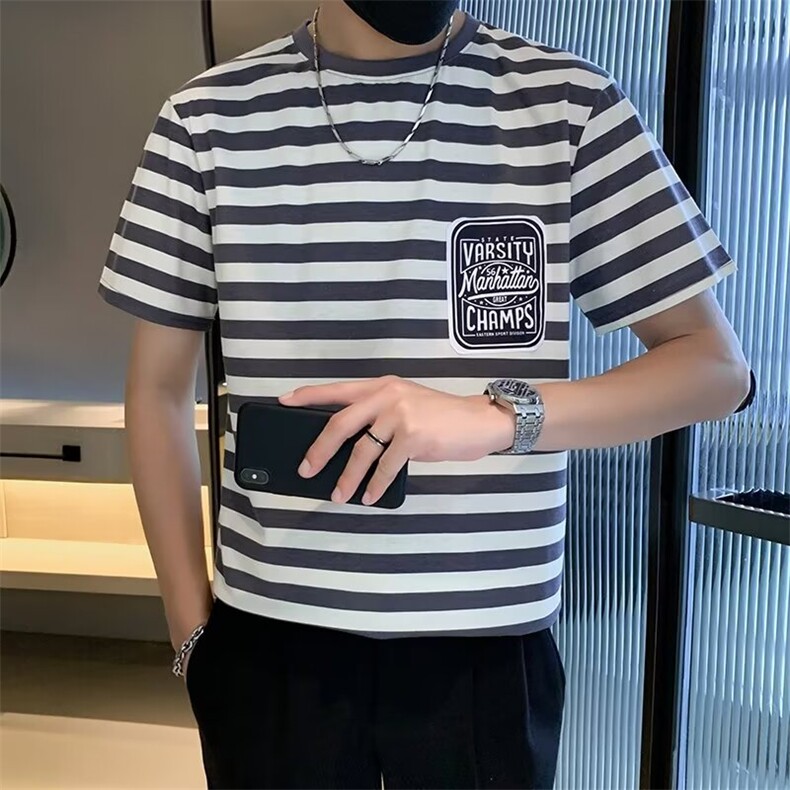 条纹短袖T恤男宽松潮流潮牌上衣百搭纯棉半截袖G29,男装T恤,星座1116A-2（原606A-1）