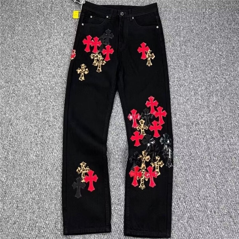 秋季新款慵懒加长彩色拼皮十字架长裤宽松阔腿牛仔裤男AMT705P75,男装皮裤,星座1013-5