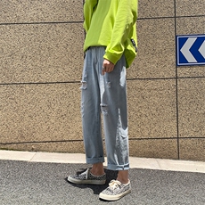 夏季夏天韩式男深蓝色宽松牛仔裤男潮流韩版百搭破洞K894-P35，男装牛仔裤，星座512-2