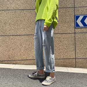 夏季夏天韩式男深蓝色宽松牛仔裤男潮流韩版百搭破洞 K894-P35图片