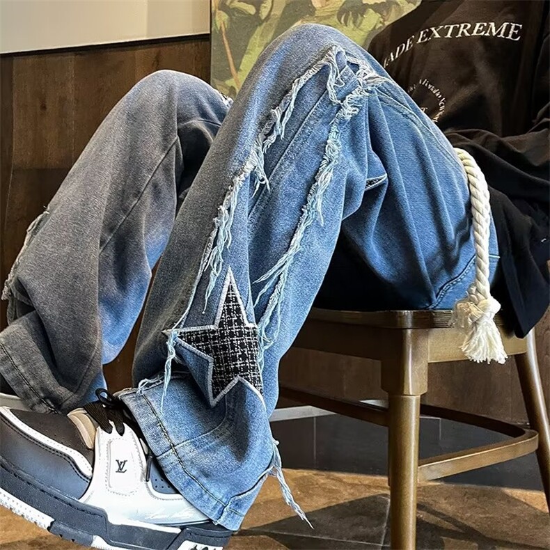 美式潮刺绣牛仔裤男女秋美式复古宽松阔腿直筒拖地潮牌vibe裤子,男装牛仔裤,星座601-2
