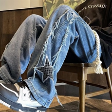 美式潮刺绣牛仔裤男女秋美式复古宽松阔腿直筒拖地潮牌vibe裤子，男装牛仔裤，星座601-2