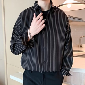 条纹衬衫外套男春秋季潮牌休闲衣服短袖潮流男士长袖黑衬衣 C303图片