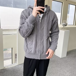 秋冬季新款拉链毛衣男连帽针织衫轻熟风麻花菱格纯色开衫外套 G08图片