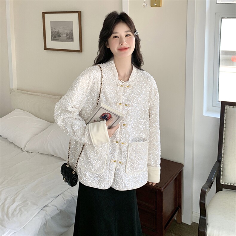 亮片新中式国风短外套女春秋2025新款小个子米色上衣独特漂亮减龄,女装短外套,2C272