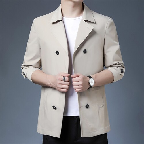 时尚百搭风衣男短款外套春秋款中青年男士休闲潮流双排扣高端上衣，男装风衣，电商B212（原钱塘6029）