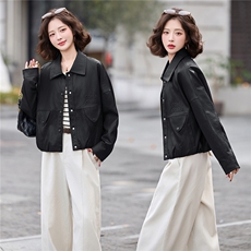 海宁皮衣女短款26年春秋新款皮夹克高级感气质小个子减龄外套，女装皮衣，江南女神