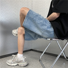 牛仔短裤男士夏季薄款高街宽松直筒破洞五分裤子裤衩潮流中裤，男装牛仔裤，星座410-6（原星座1304-1）