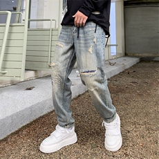 B230档2025秋冬新款潮流复古宽松直筒破洞刺绣牛仔裤9037P105，男装牛仔裤，电商B230