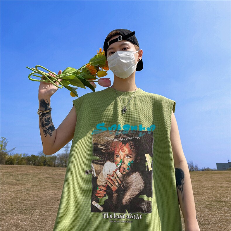 华夫格背心直播高品质重磅220克人物涂鸦印花HB765-P25控38,男装背心/马甲,星座508（原C305）
