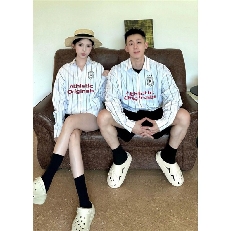 706-1-CS755-P48  现货   秋季美式运动撞色条纹衬衫情侣印花衬衣图片